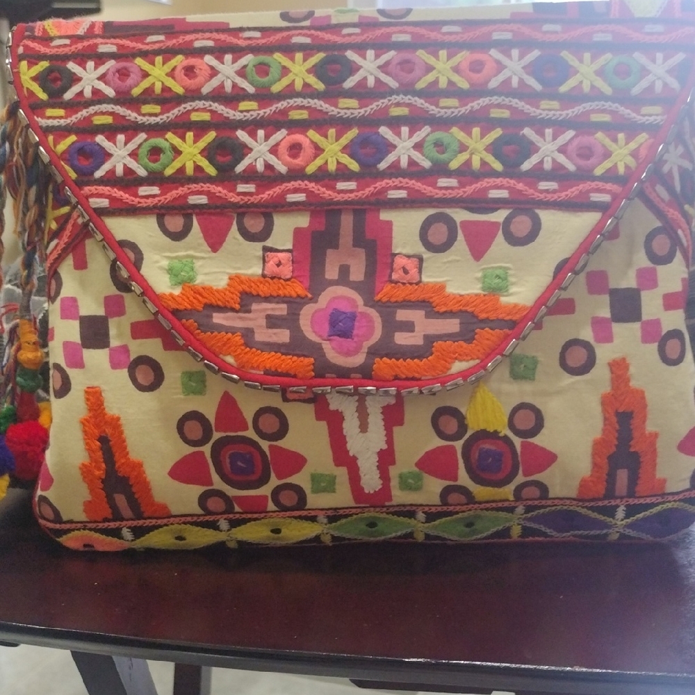 Pink and Orange Geometric Clutch with Bohemian Flair